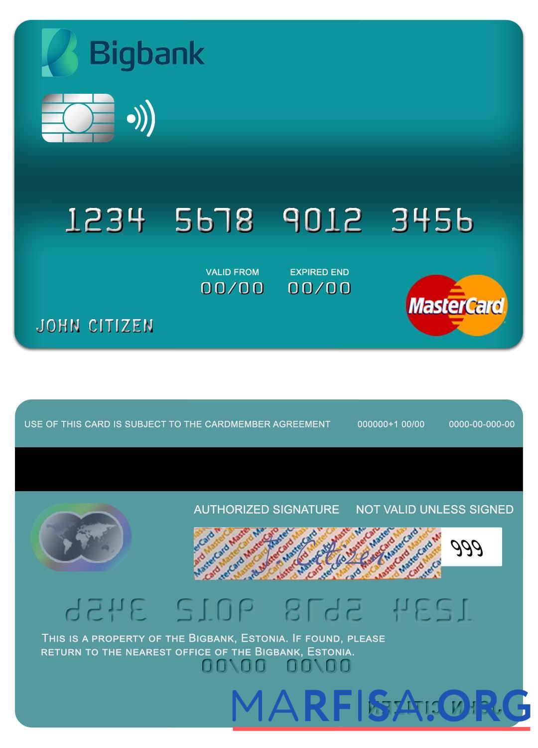 Blank Estonia Bigbank mastercard sample